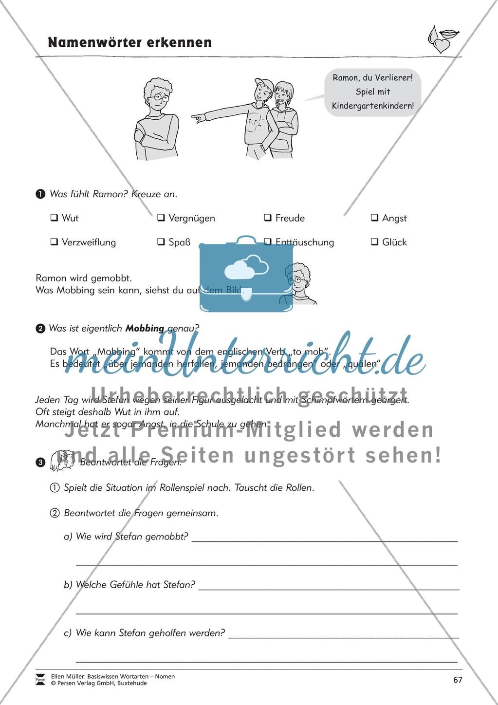Namenwörter erkennen: Gefühle und Begriffe: Arbeitsblätter und Test Preview 3