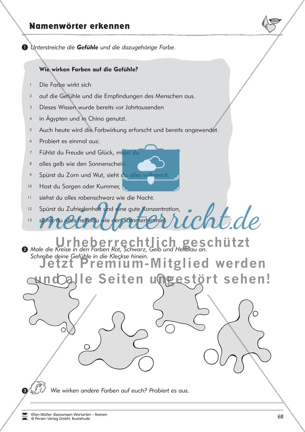 Namenwörter erkennen: Gefühle und Begriffe: Arbeitsblätter und Test Preview 4