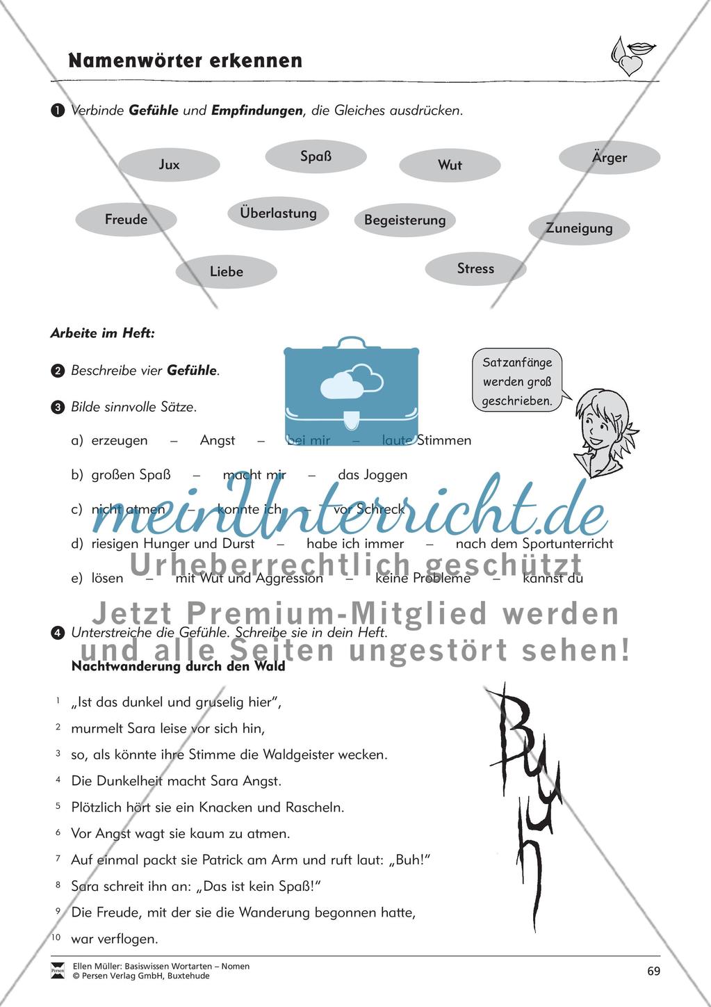 Namenwörter erkennen: Gefühle und Begriffe: Arbeitsblätter und Test Preview 5