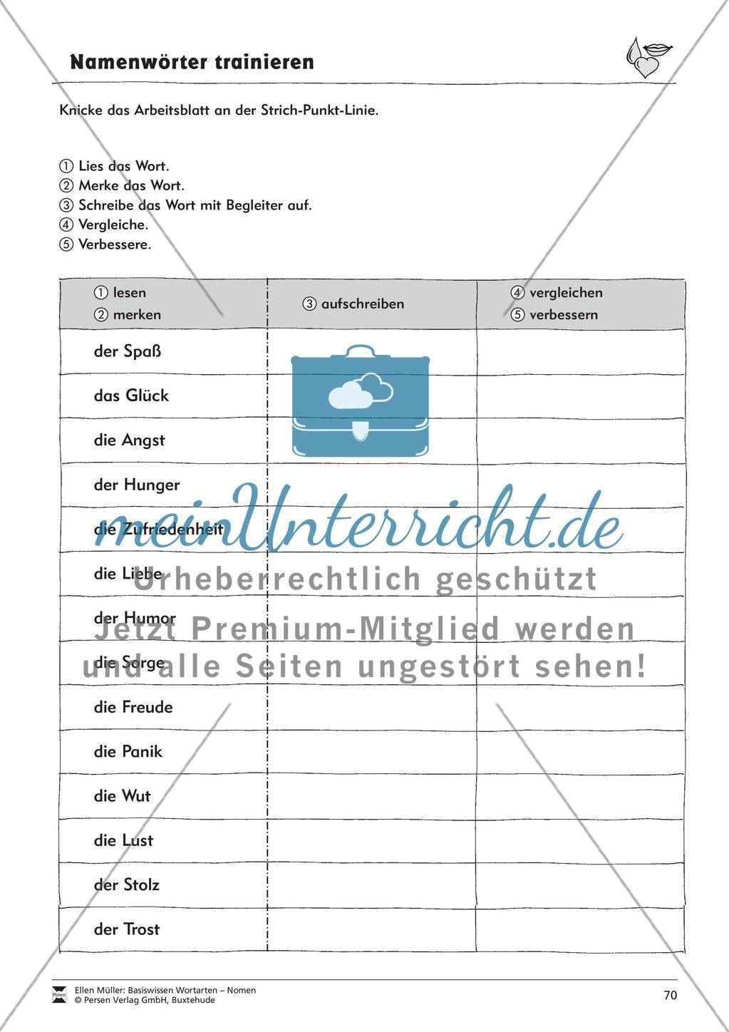 Namenwörter erkennen: Gefühle und Begriffe: Arbeitsblätter und Test Preview 6