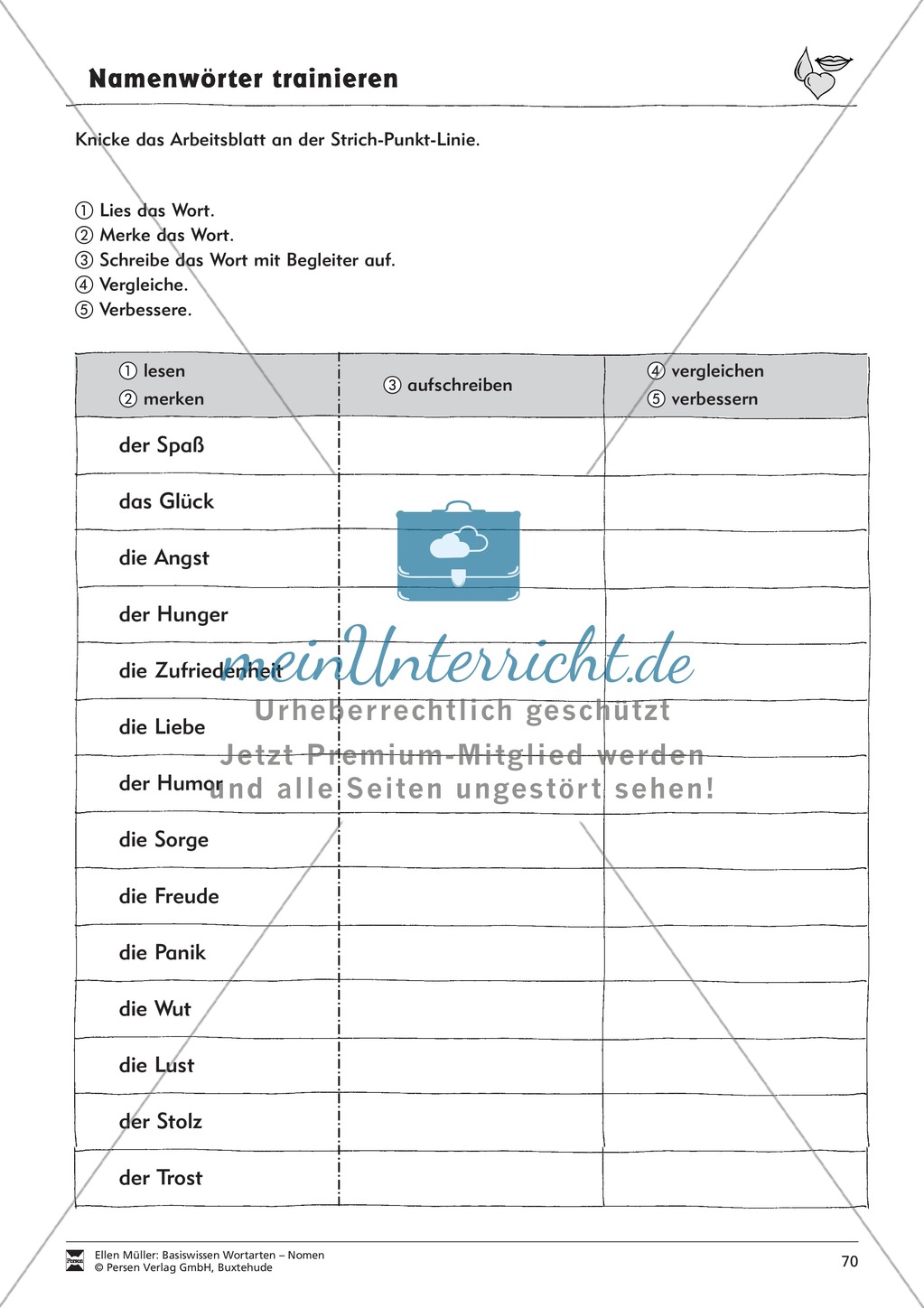 Namenwörter erkennen: Gefühle und Begriffe: Arbeitsblätter und Test Preview 6