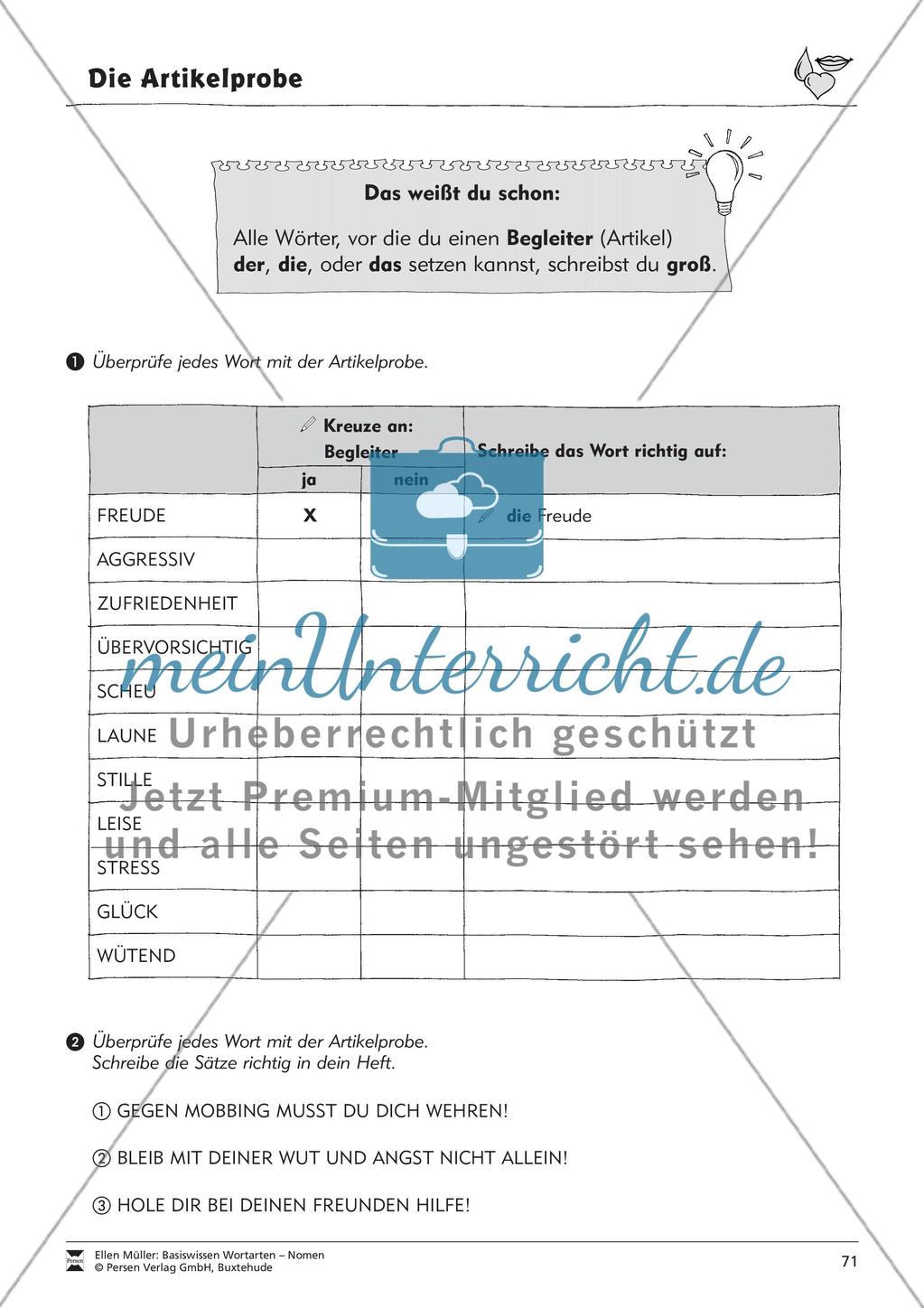 Namenwörter erkennen: Gefühle und Begriffe: Arbeitsblätter und Test Preview 7