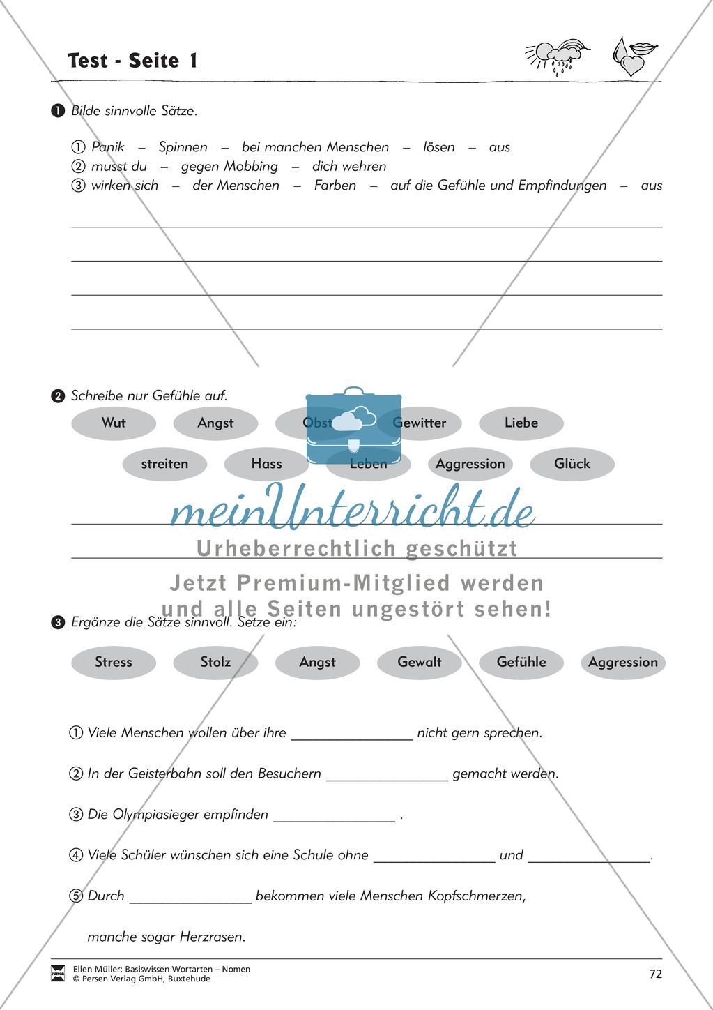Namenwörter erkennen: Gefühle und Begriffe: Arbeitsblätter und Test Preview 8