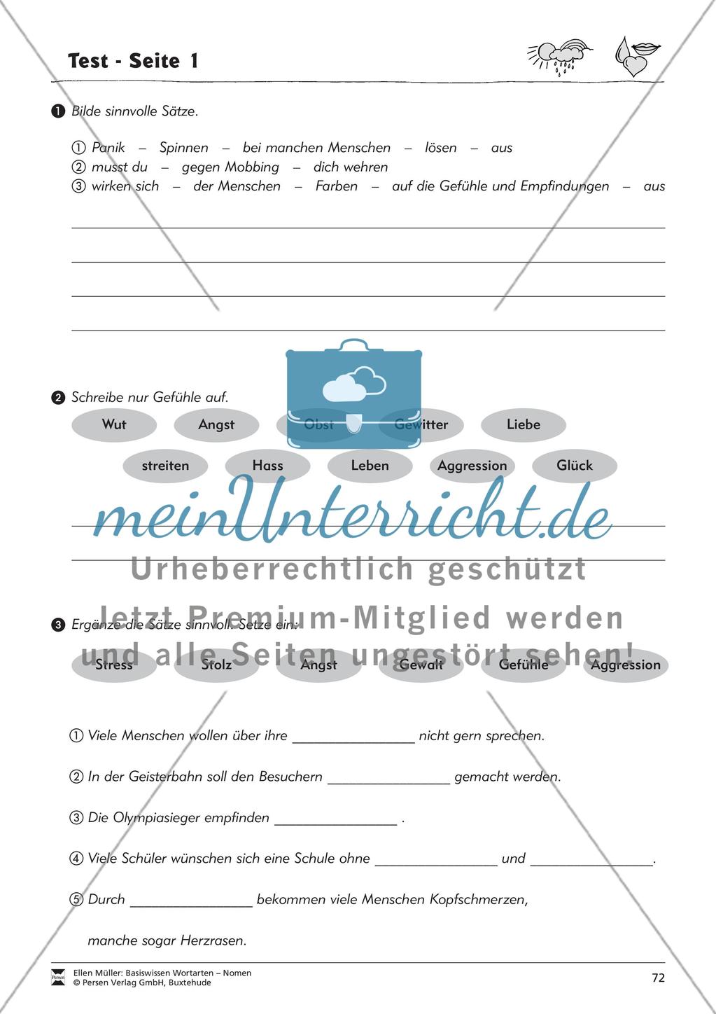 Namenwörter erkennen: Gefühle und Begriffe: Arbeitsblätter und Test Preview 8