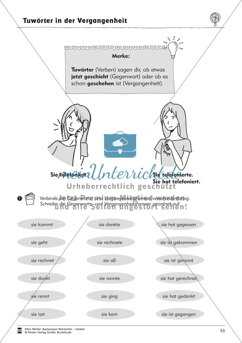 Tuwörter in der Vergangenheit: Arbeitsblätter, Rätsel und Test Preview 1