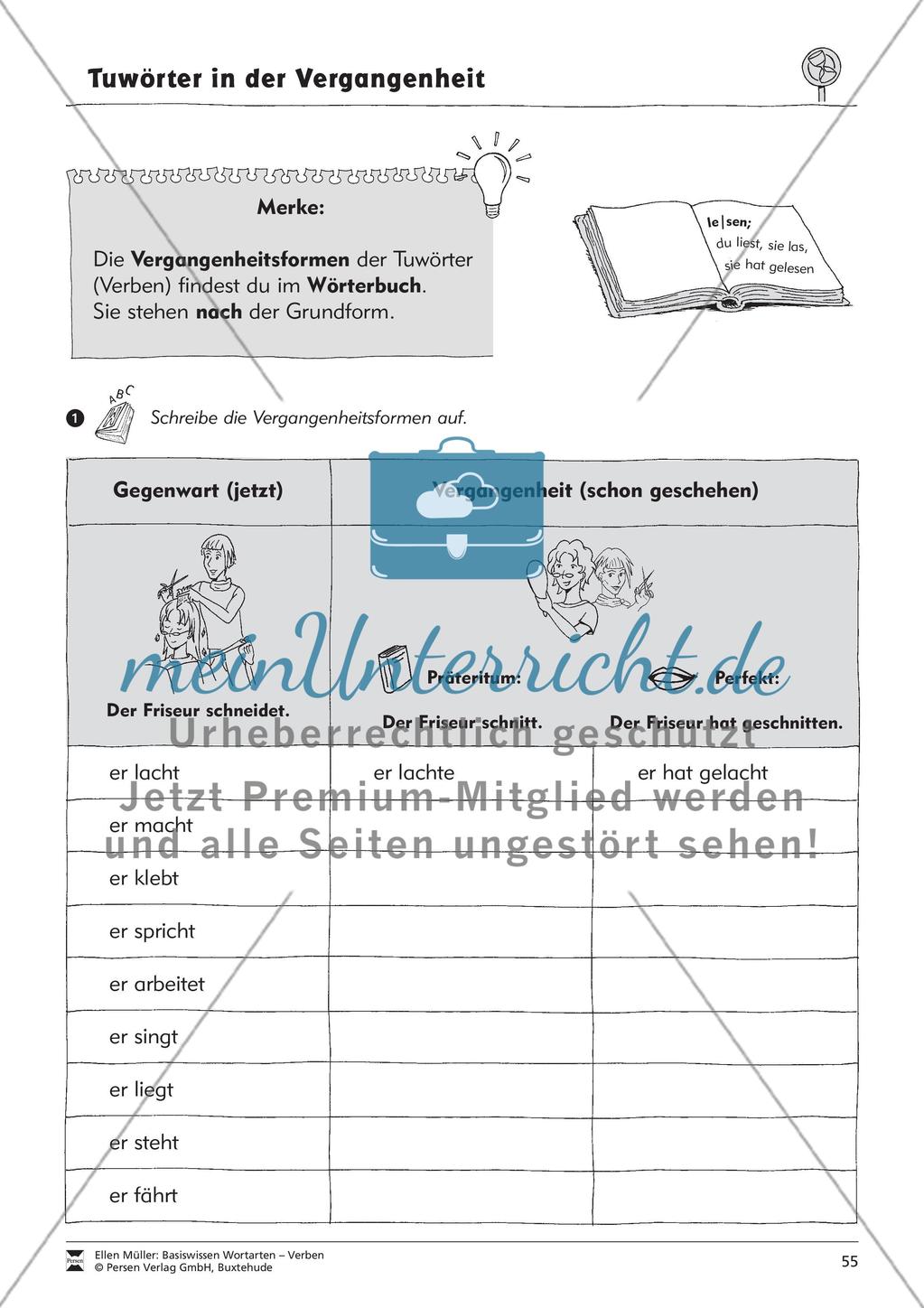 Tuwörter in der Vergangenheit: Arbeitsblätter, Rätsel und Test Preview 3