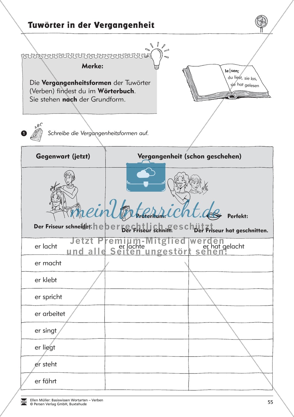 Tuwörter in der Vergangenheit: Arbeitsblätter, Rätsel und Test Preview 3