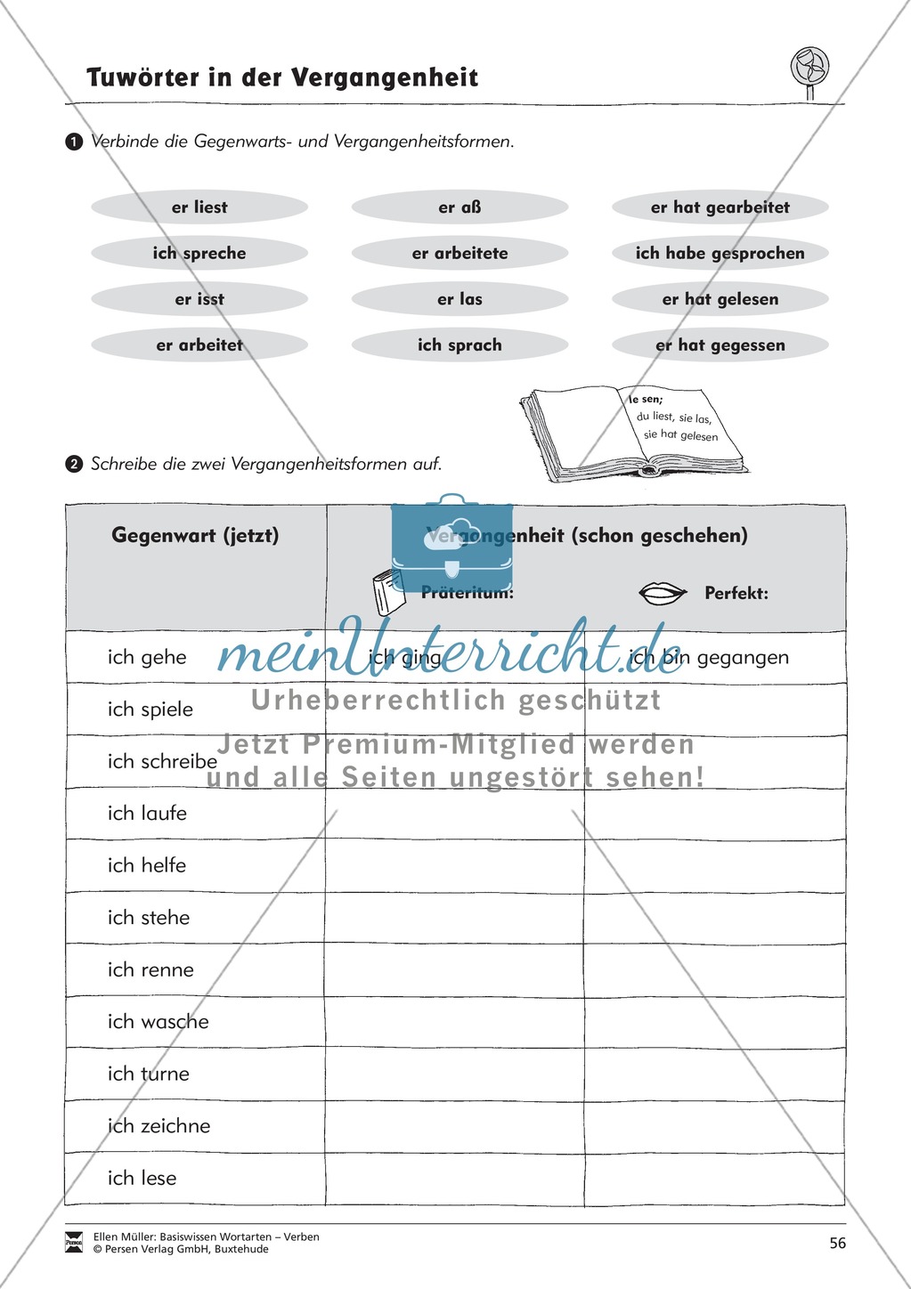 Tuwörter in der Vergangenheit: Arbeitsblätter, Rätsel und Test Preview 4
