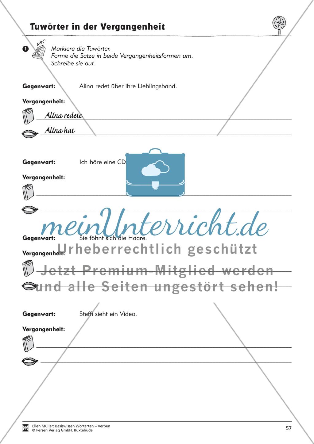 Tuwörter in der Vergangenheit: Arbeitsblätter, Rätsel und Test Preview 5