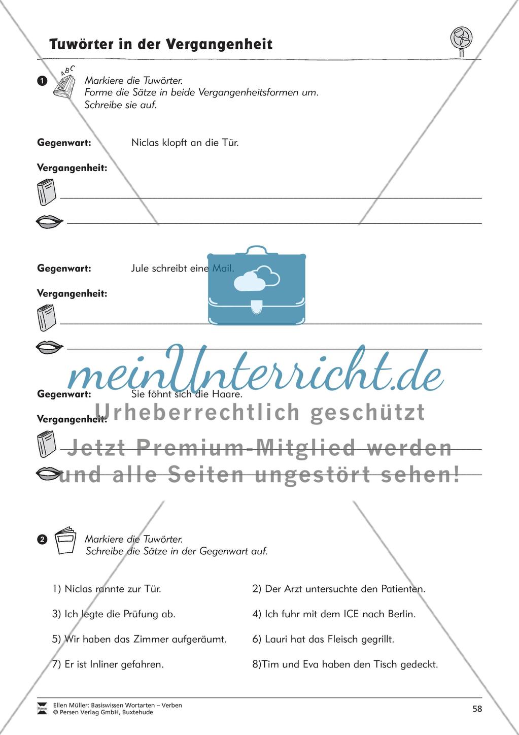 Tuwörter in der Vergangenheit: Arbeitsblätter, Rätsel und Test Preview 6