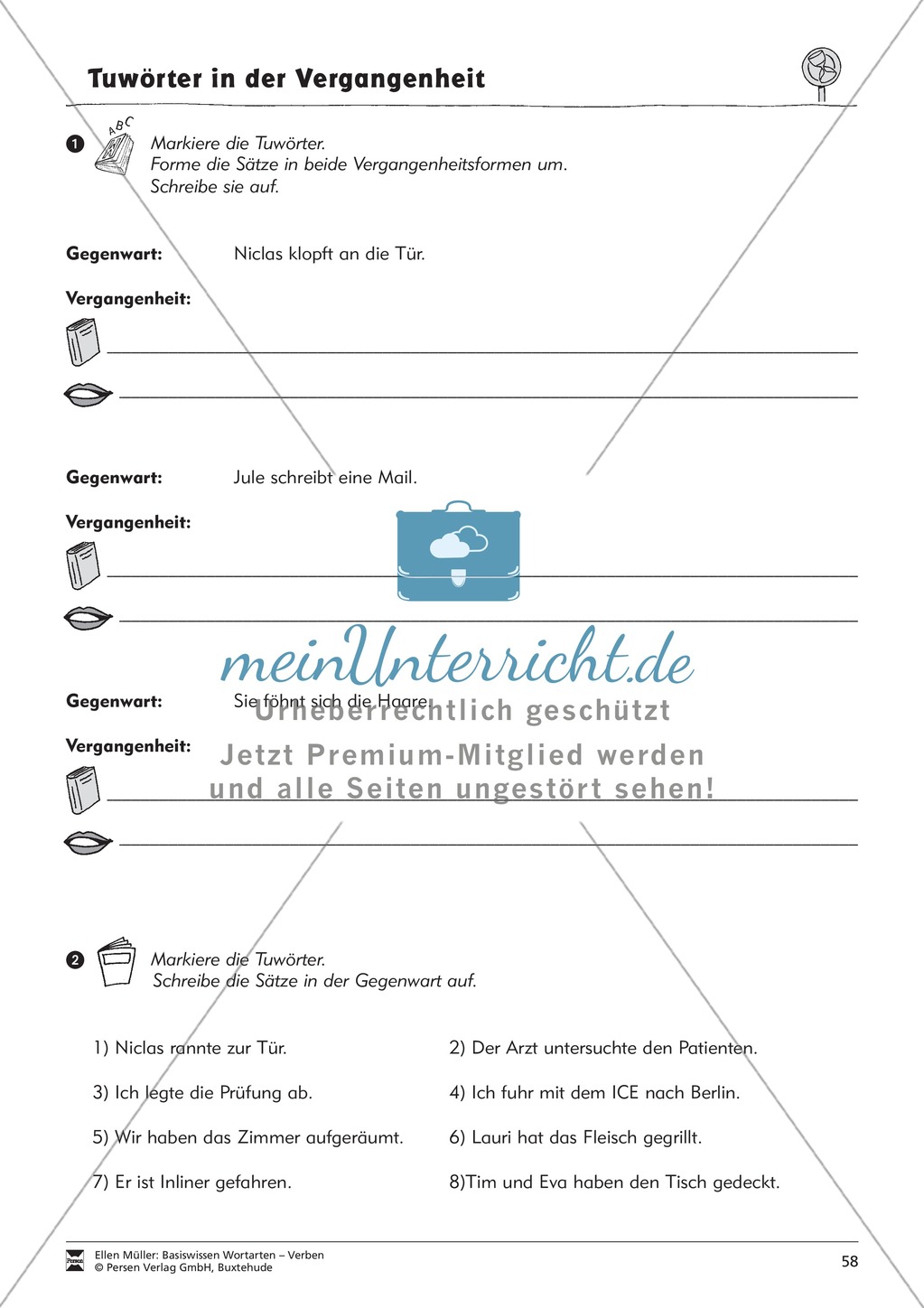 Tuwörter in der Vergangenheit: Arbeitsblätter, Rätsel und Test Preview 6