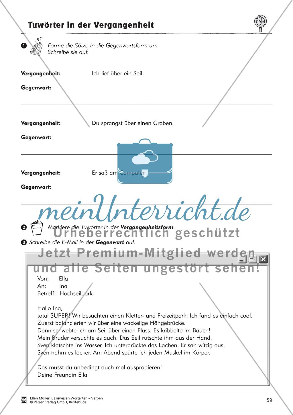 Tuwörter in der Vergangenheit: Arbeitsblätter, Rätsel und Test Preview 7