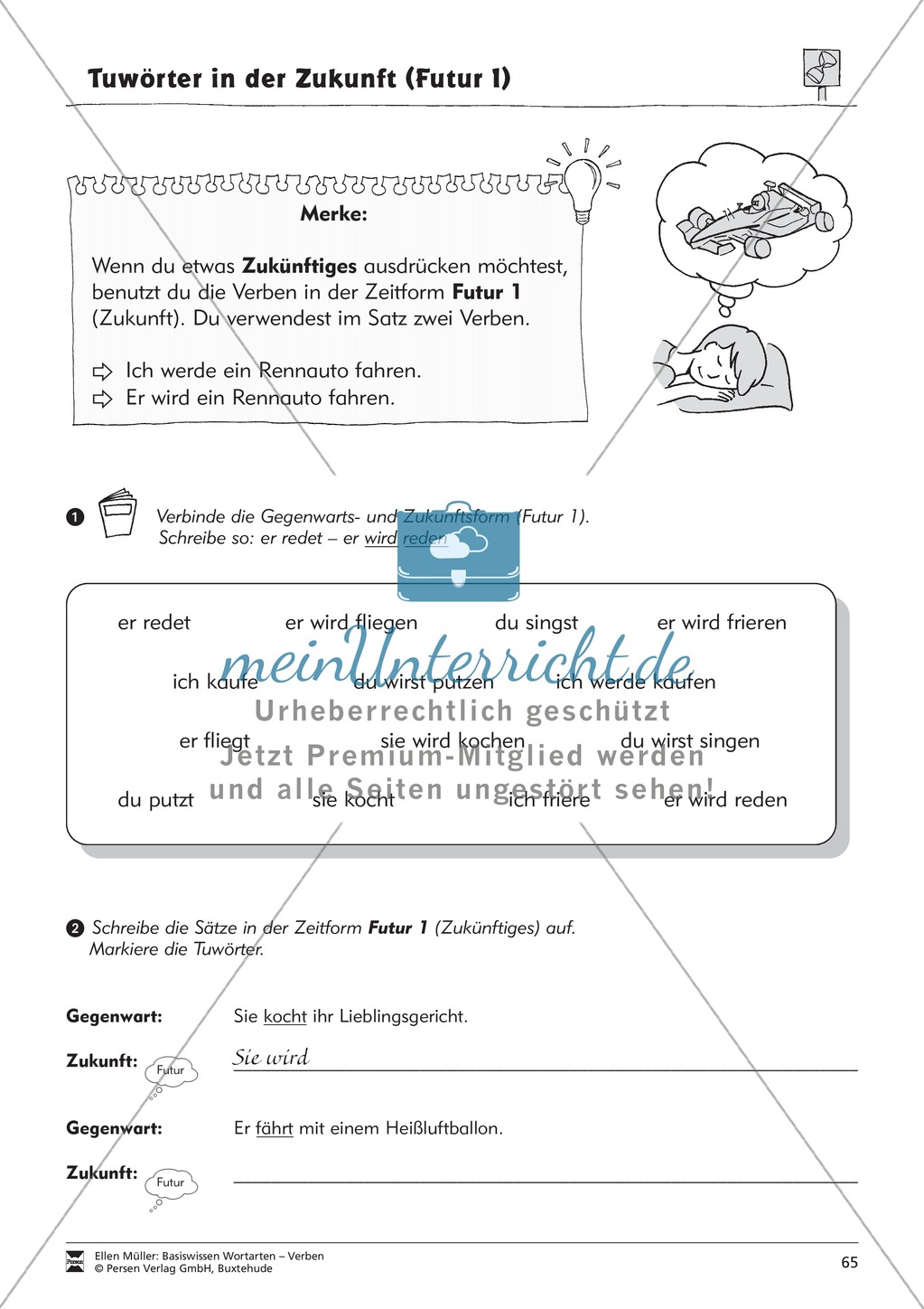 Tuwörter in der Zukunft: Arbeitsblätter und Test Preview 1