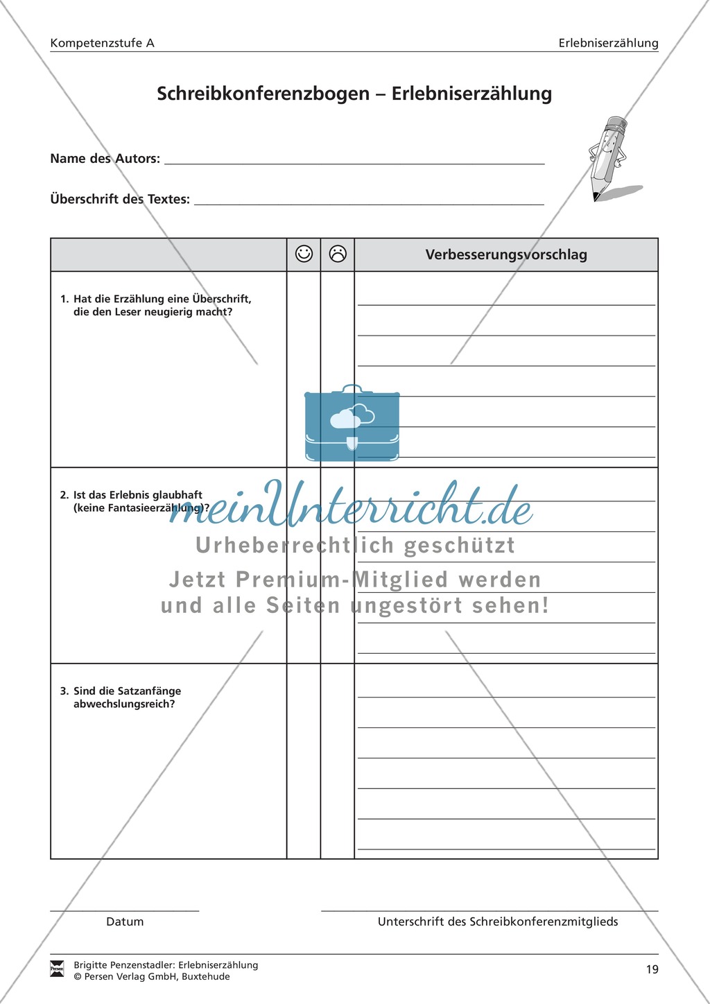 Erlebnisgeschichte schreiben und Schreibkonferenz halten: Aufgabe (leichtes Niveau) und Schreibkonferenzbogen Preview 3