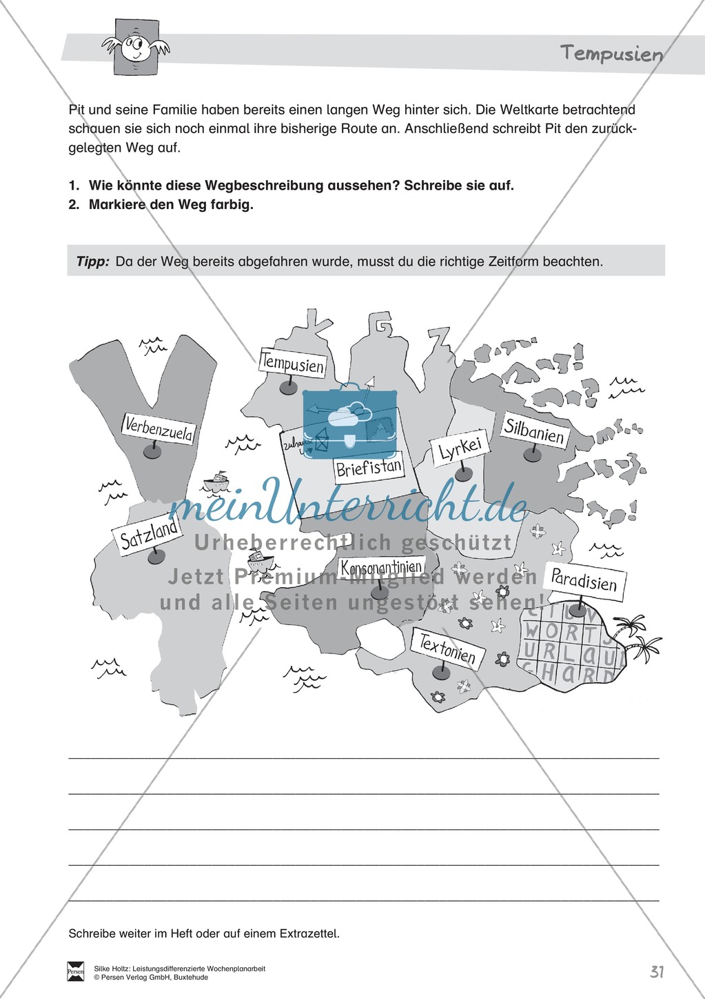 Leistungsdifferenzierte Wochenplanarbeit Rechtschreibung und Textarbeit: Übungen innerhalb einer Fantasiereise (in 3 Niveaustufen) und Lösungen Preview 26