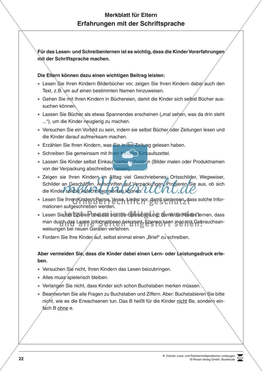 Bausteine für das Fundament: Erziehung zur Schriftsprachkultur, Merkblätter Eltern und Elternbrief Preview 2