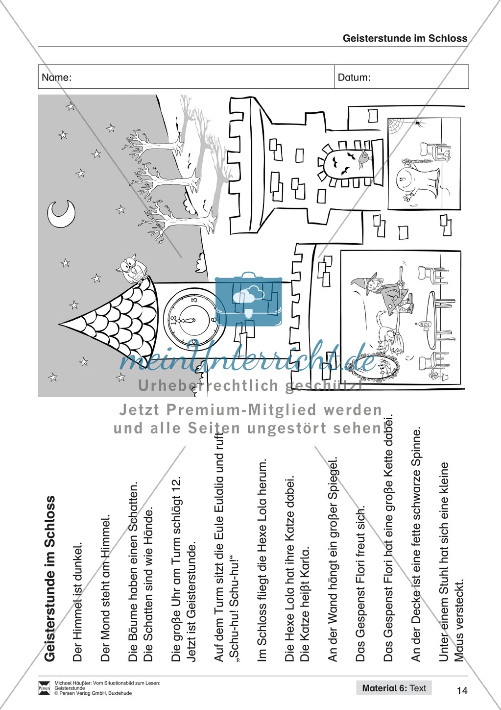 Geisterstunde im Schloss: Text, Bild, Spielplan für das Lesespiel und Kontrollblatt Preview 1
