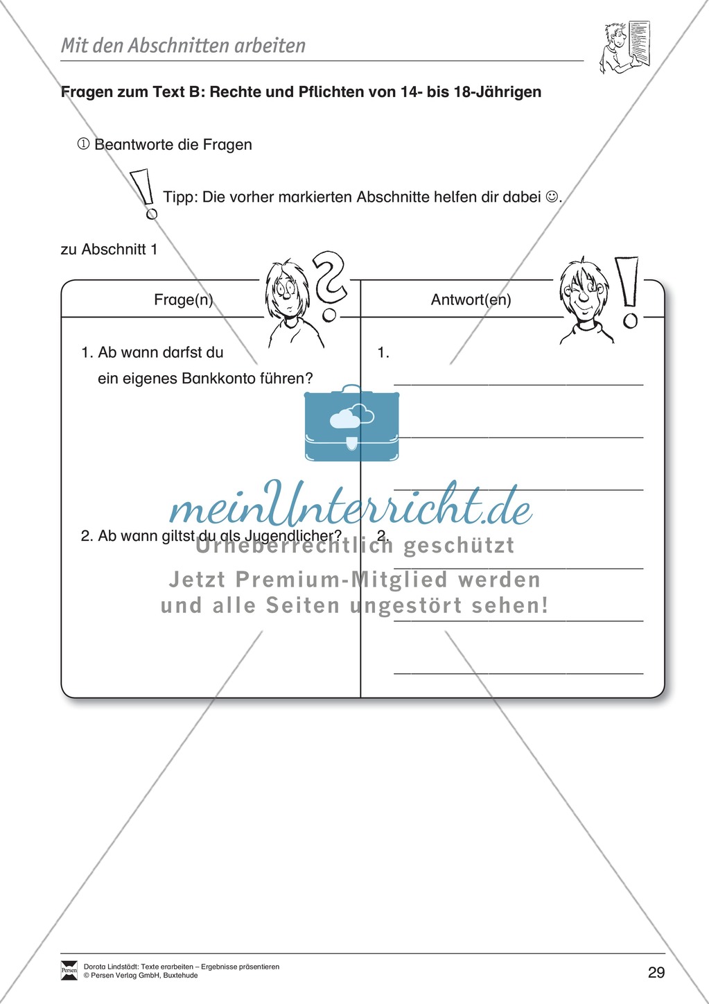 Textarbeit: Rechte und Pflichten von 14- bis 18-jährigen: Text, Arbeitsblätter, Übungsblätter, Fragen zum Text Preview 13