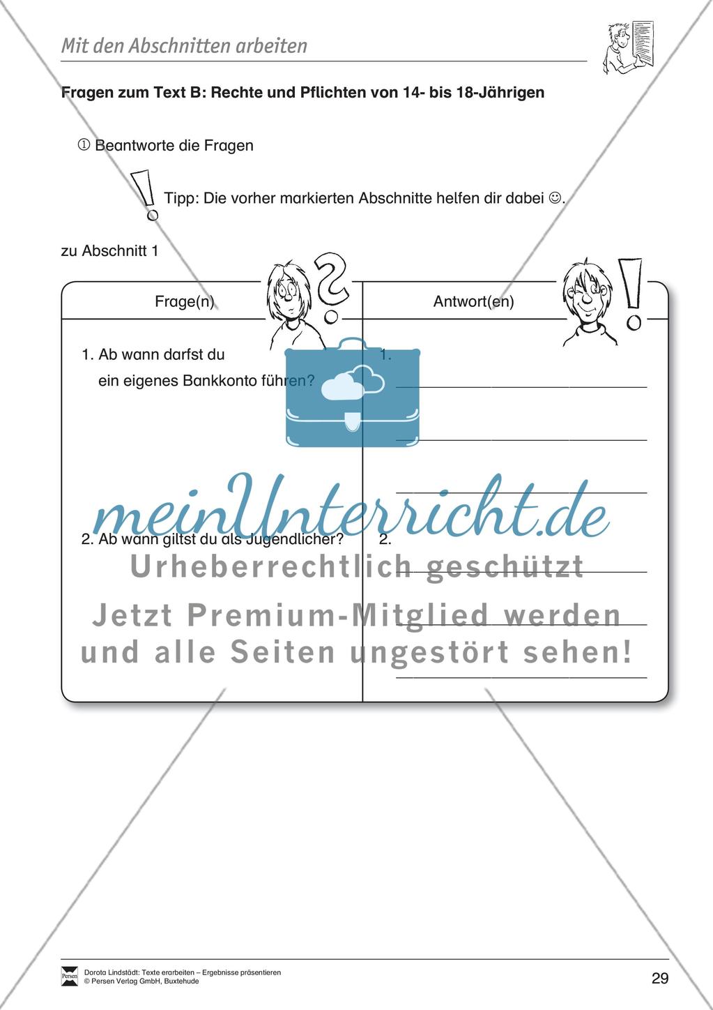 Textarbeit: Rechte und Pflichten von 14- bis 18-jährigen: Text, Arbeitsblätter, Übungsblätter, Fragen zum Text Preview 14