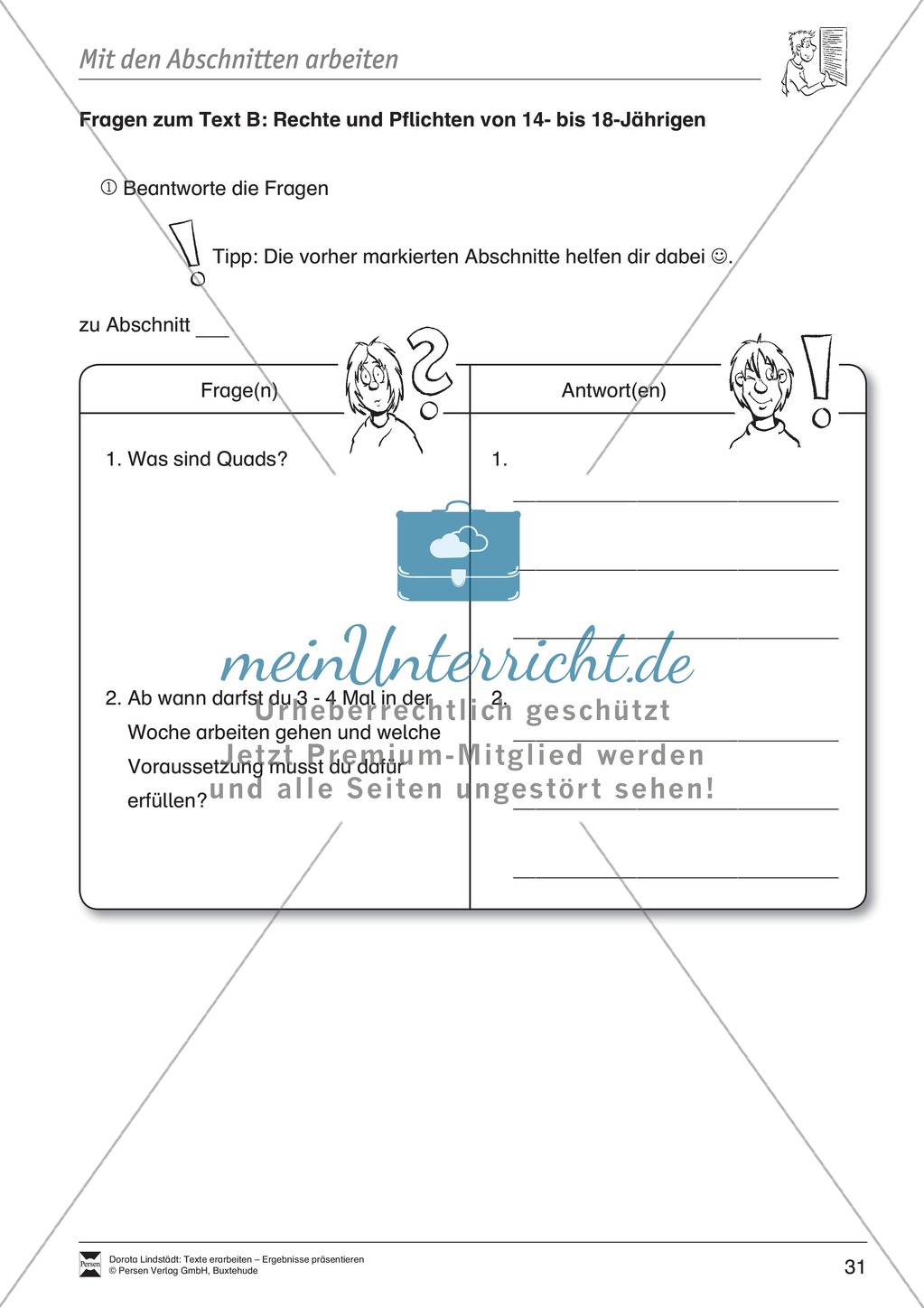 Textarbeit: Rechte und Pflichten von 14- bis 18-jährigen: Text, Arbeitsblätter, Übungsblätter, Fragen zum Text Preview 15