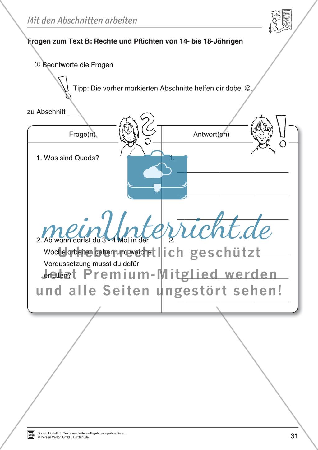 Textarbeit: Rechte und Pflichten von 14- bis 18-jährigen: Text, Arbeitsblätter, Übungsblätter, Fragen zum Text Preview 16