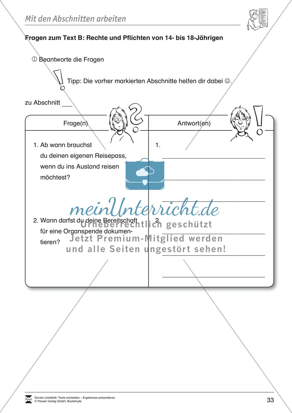 Textarbeit: Rechte und Pflichten von 14- bis 18-jährigen: Text, Arbeitsblätter, Übungsblätter, Fragen zum Text Preview 17