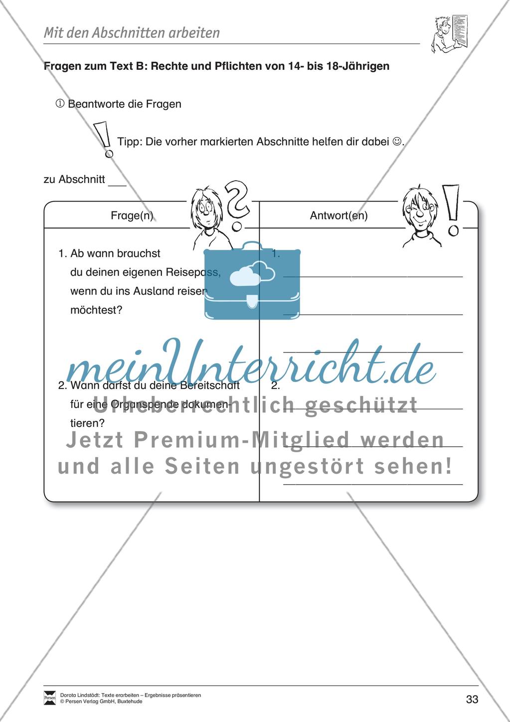 Textarbeit: Rechte und Pflichten von 14- bis 18-jährigen: Text, Arbeitsblätter, Übungsblätter, Fragen zum Text Preview 18