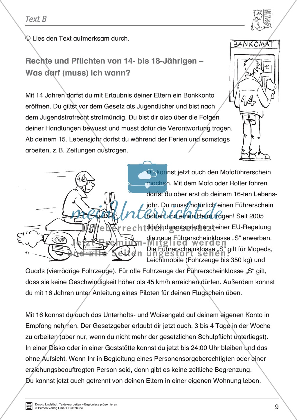 Textarbeit: Rechte und Pflichten von 14- bis 18-jährigen: Text, Arbeitsblätter, Übungsblätter, Fragen zum Text Preview 1