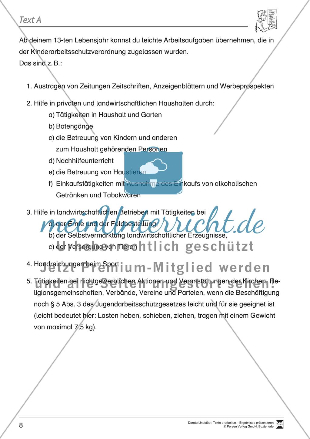 Textarbeit: Rechte und Pflichten von 14- bis 18-jährigen: Text, Arbeitsblätter, Übungsblätter, Fragen zum Text Preview 1