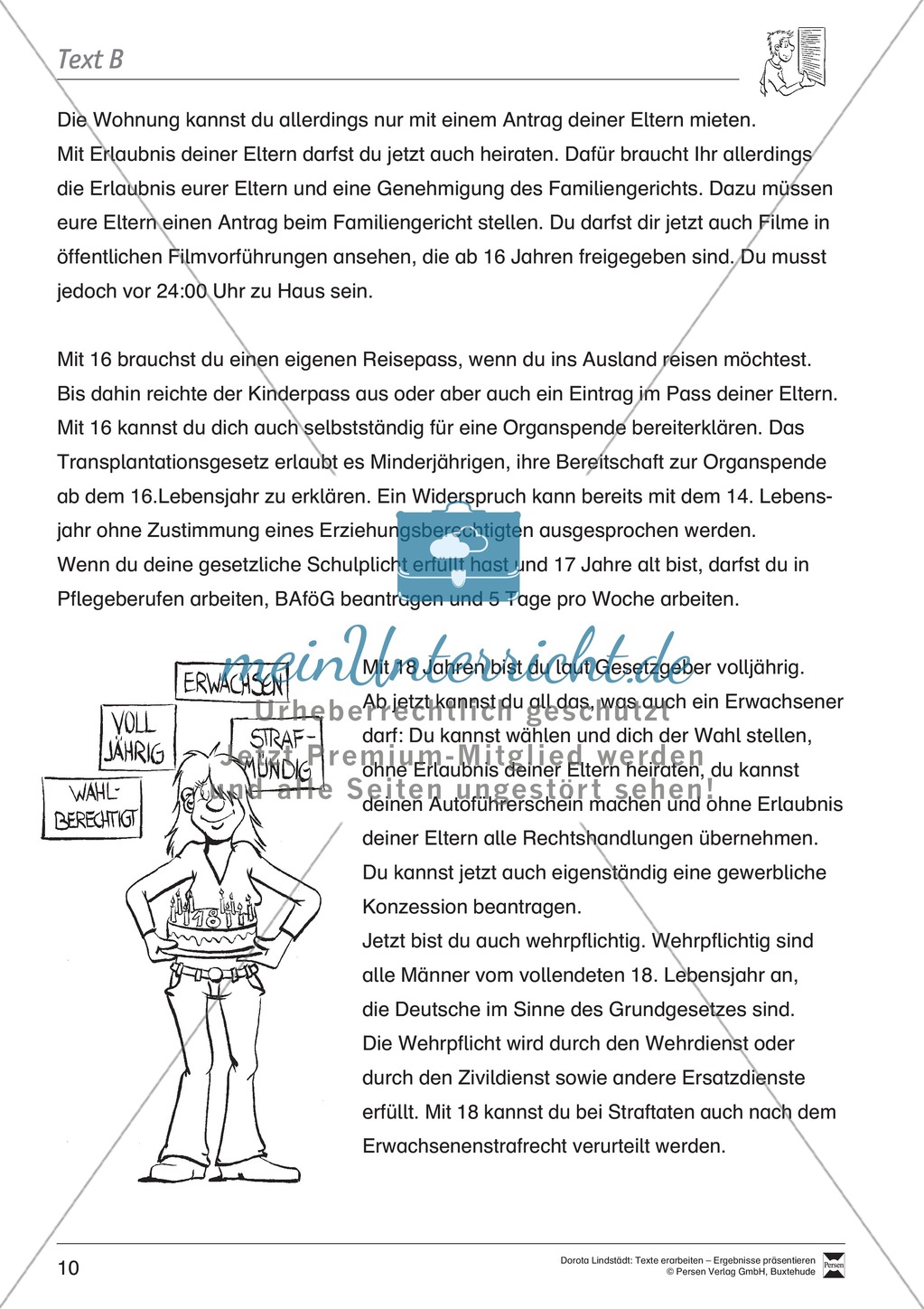 Textarbeit: Rechte und Pflichten von 14- bis 18-jährigen: Text, Arbeitsblätter, Übungsblätter, Fragen zum Text Preview 2
