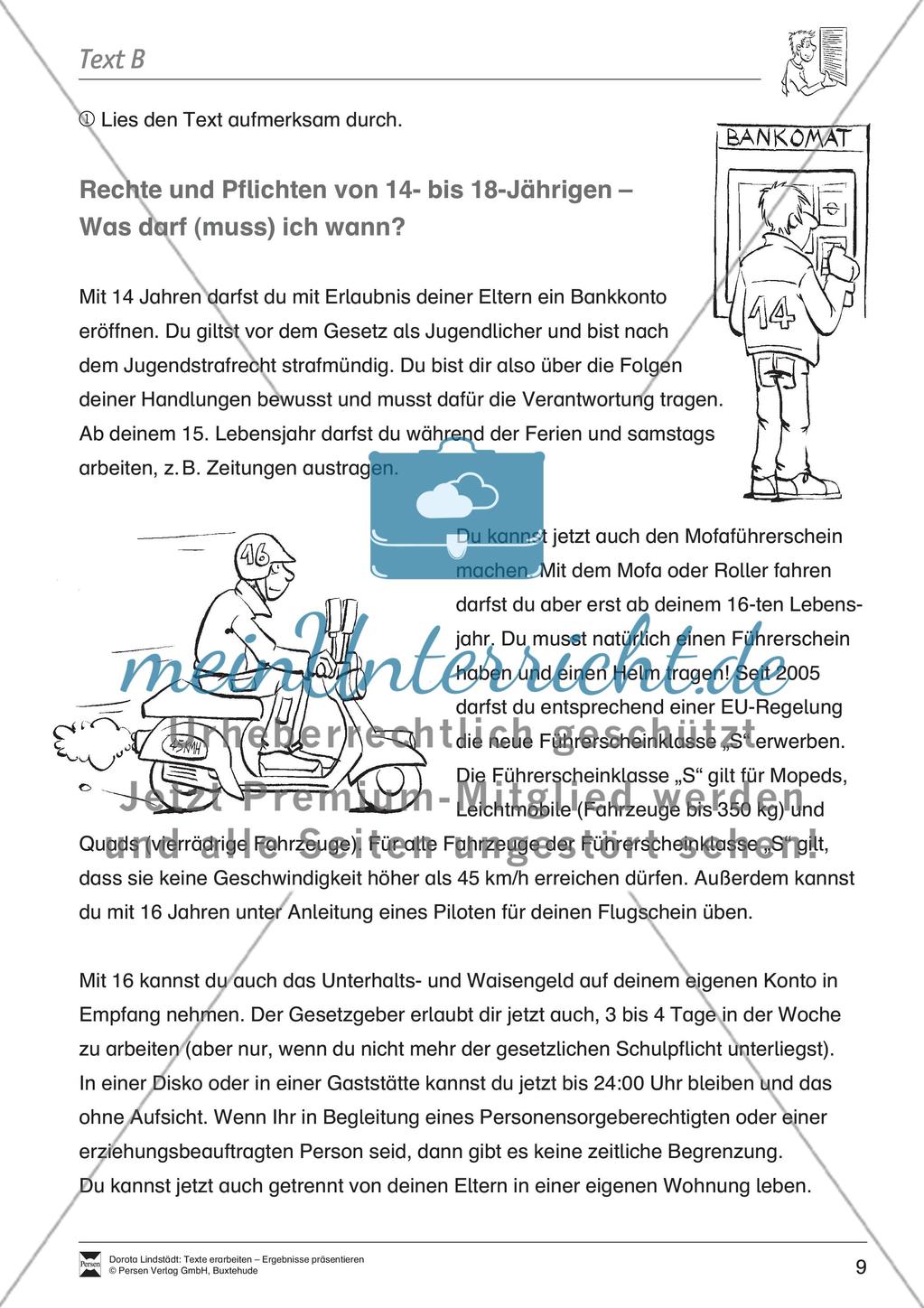 Textarbeit: Rechte und Pflichten von 14- bis 18-jährigen: Text, Arbeitsblätter, Übungsblätter, Fragen zum Text Preview 2