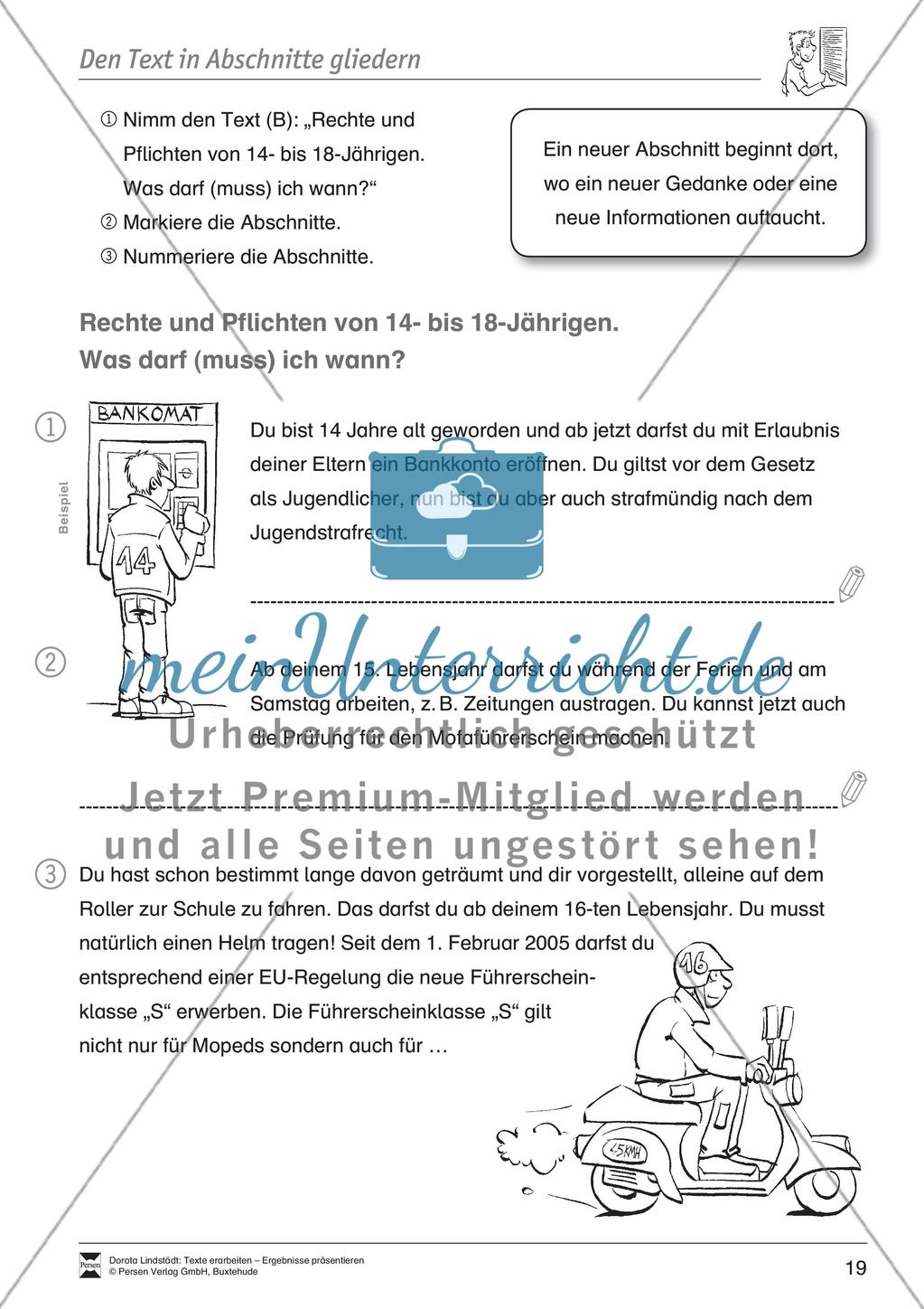 Textarbeit: Rechte und Pflichten von 14- bis 18-jährigen: Text, Arbeitsblätter, Übungsblätter, Fragen zum Text Preview 9