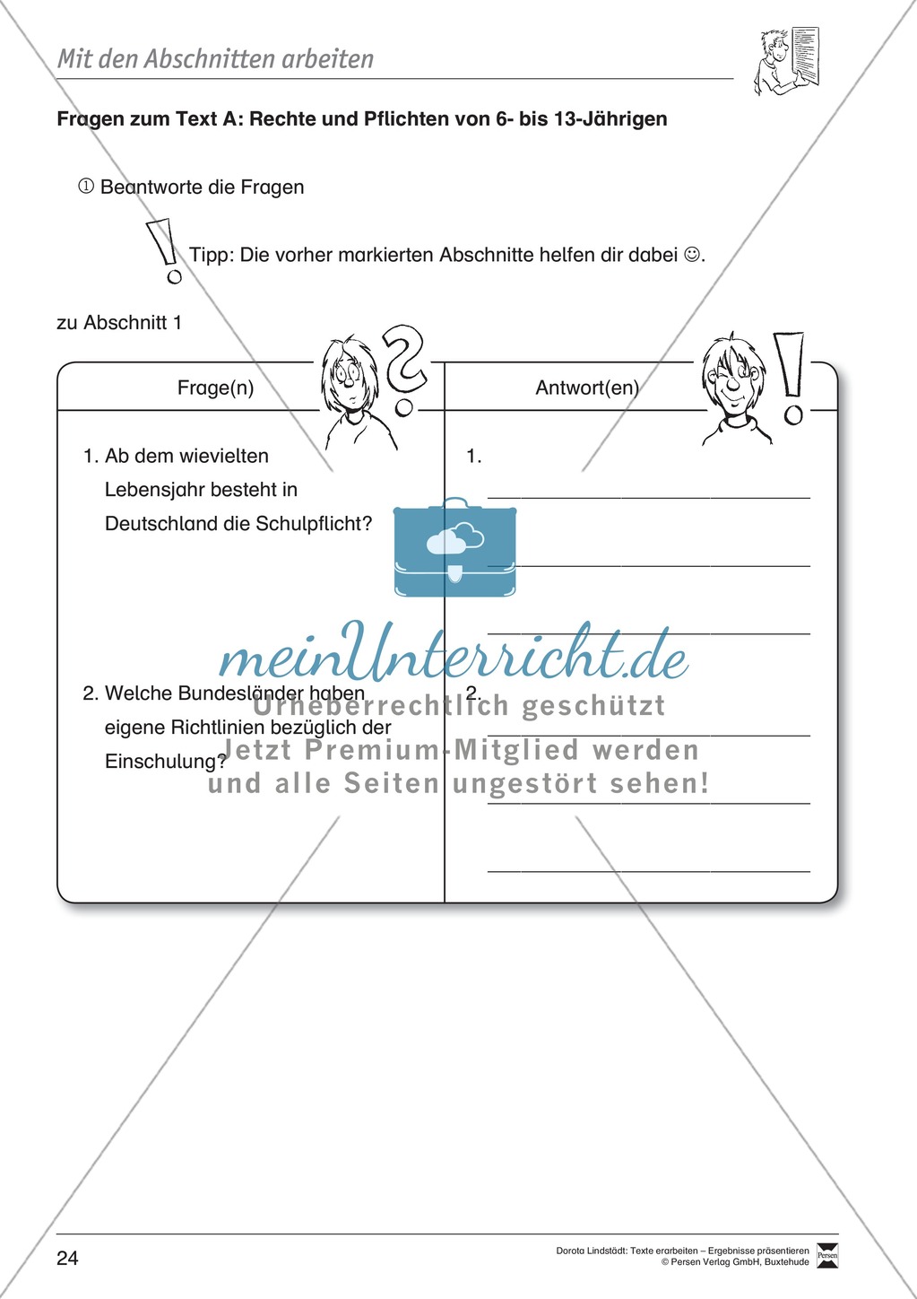 Textarbeit: Rechte und Pflichten von 6- bis 13-jährigen: Text, Arbeitsblätter, Fragen zum Text Preview 11