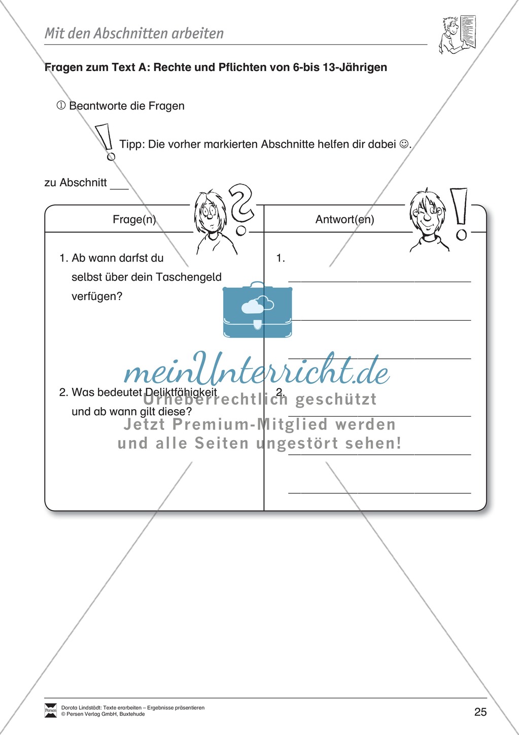 Textarbeit: Rechte und Pflichten von 6- bis 13-jährigen: Text, Arbeitsblätter, Fragen zum Text Preview 12