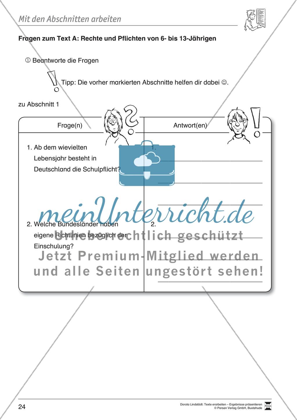 Textarbeit: Rechte und Pflichten von 6- bis 13-jährigen: Text, Arbeitsblätter, Fragen zum Text Preview 12