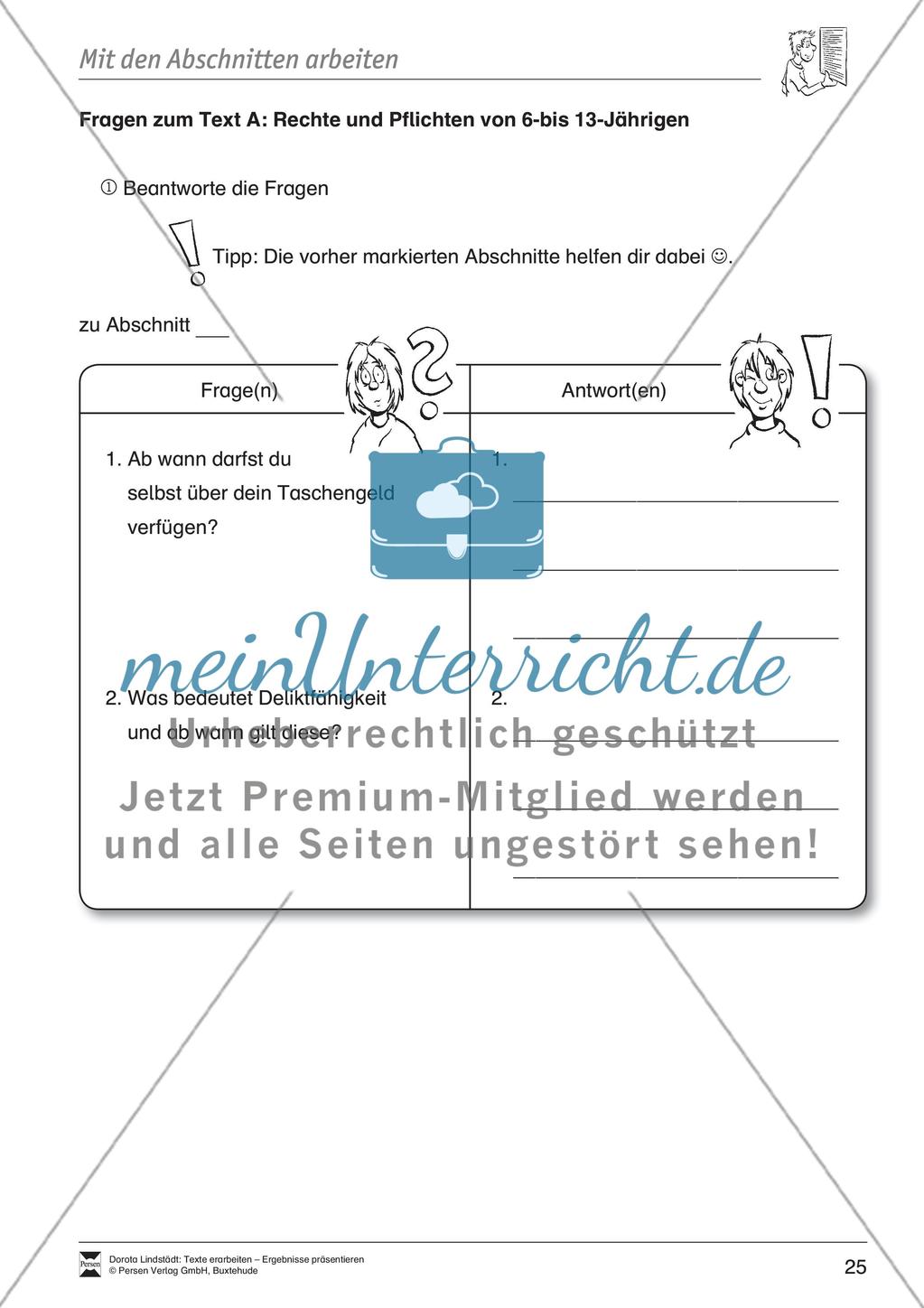 Textarbeit: Rechte und Pflichten von 6- bis 13-jährigen: Text, Arbeitsblätter, Fragen zum Text Preview 13