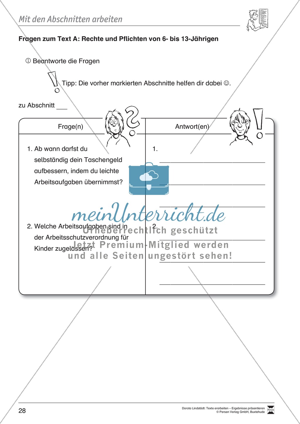Textarbeit: Rechte und Pflichten von 6- bis 13-jährigen: Text, Arbeitsblätter, Fragen zum Text Preview 15