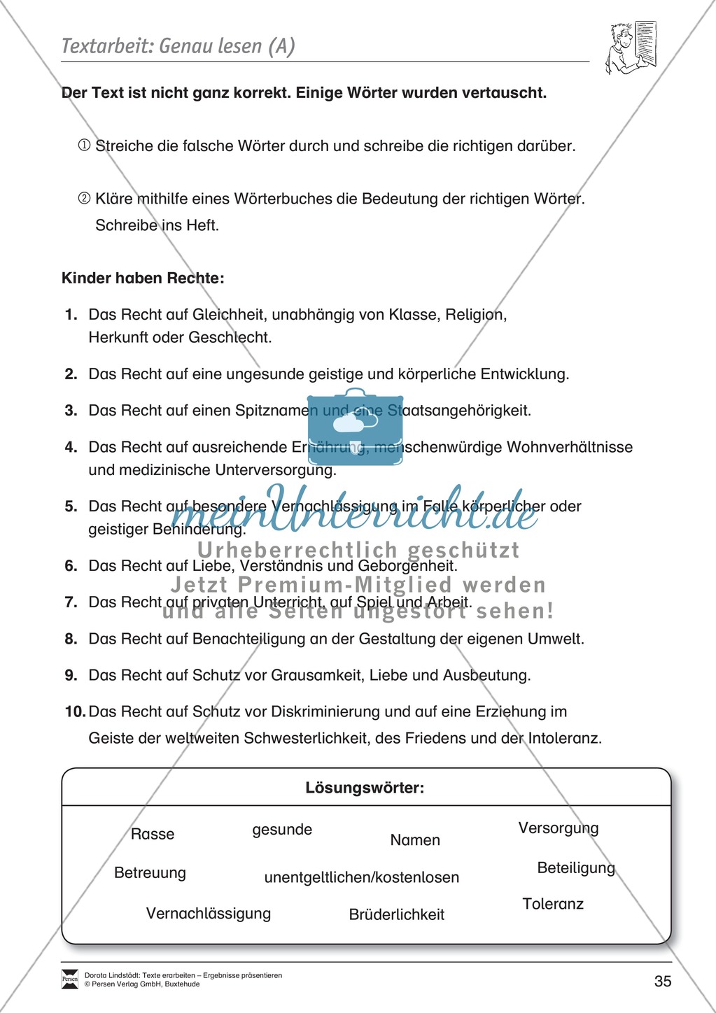 Textarbeit: Rechte und Pflichten von 6- bis 13-jährigen: Text, Arbeitsblätter, Fragen zum Text Preview 16