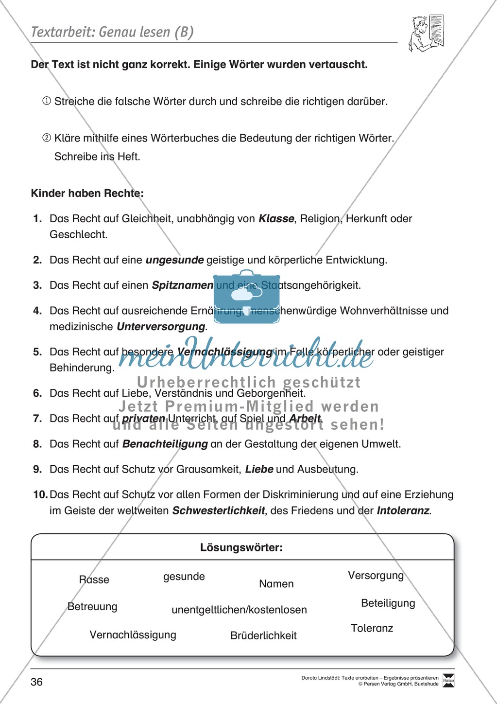 Textarbeit: Rechte und Pflichten von 6- bis 13-jährigen: Text, Arbeitsblätter, Fragen zum Text Preview 17
