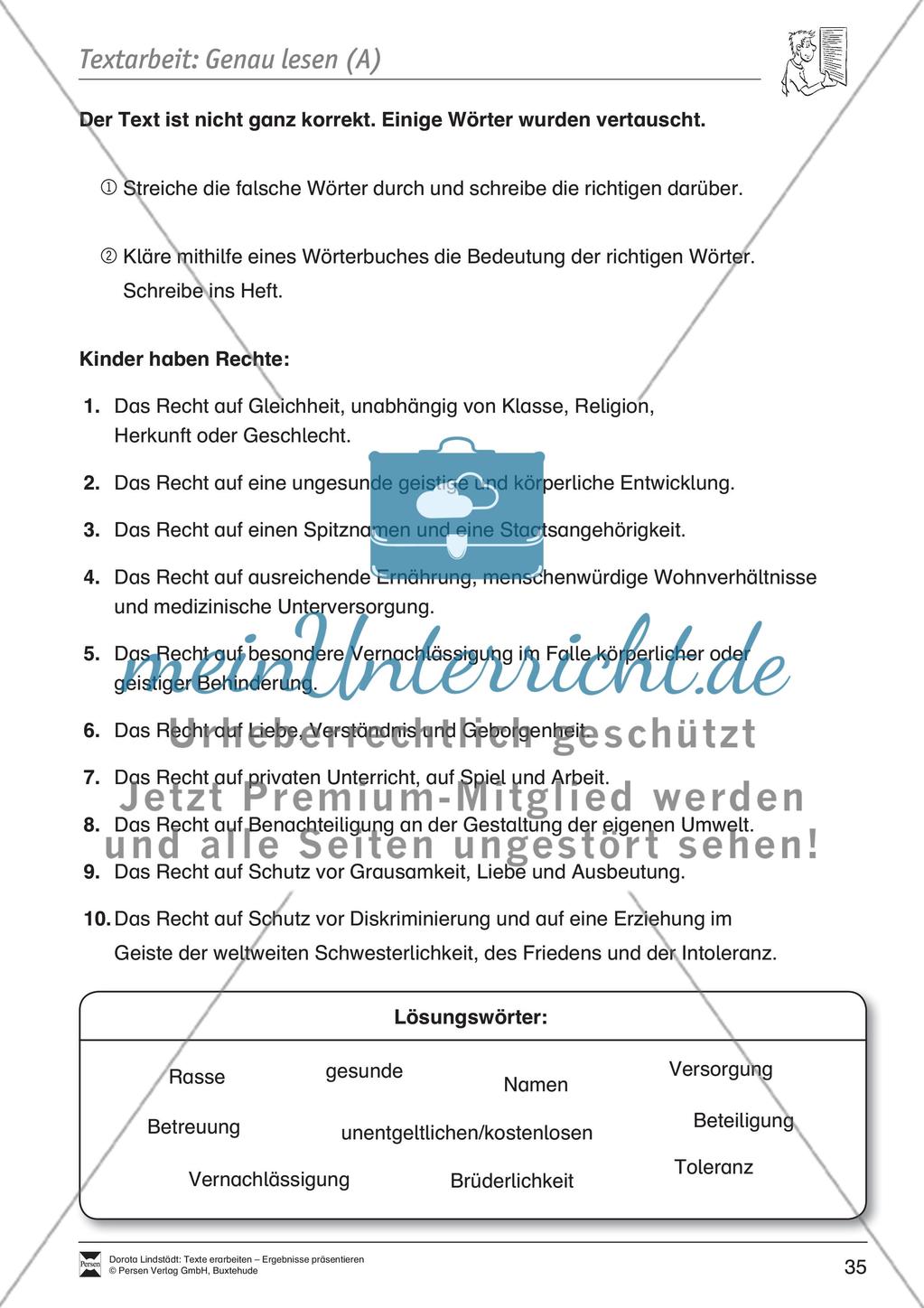 Textarbeit: Rechte und Pflichten von 6- bis 13-jährigen: Text, Arbeitsblätter, Fragen zum Text Preview 17