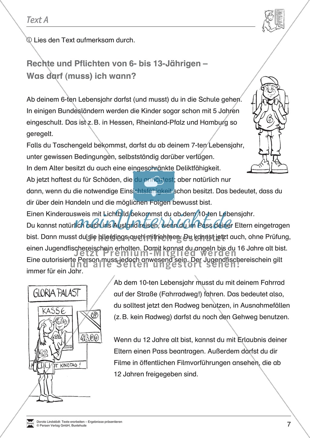 Textarbeit: Rechte und Pflichten von 6- bis 13-jährigen: Text, Arbeitsblätter, Fragen zum Text Preview 1