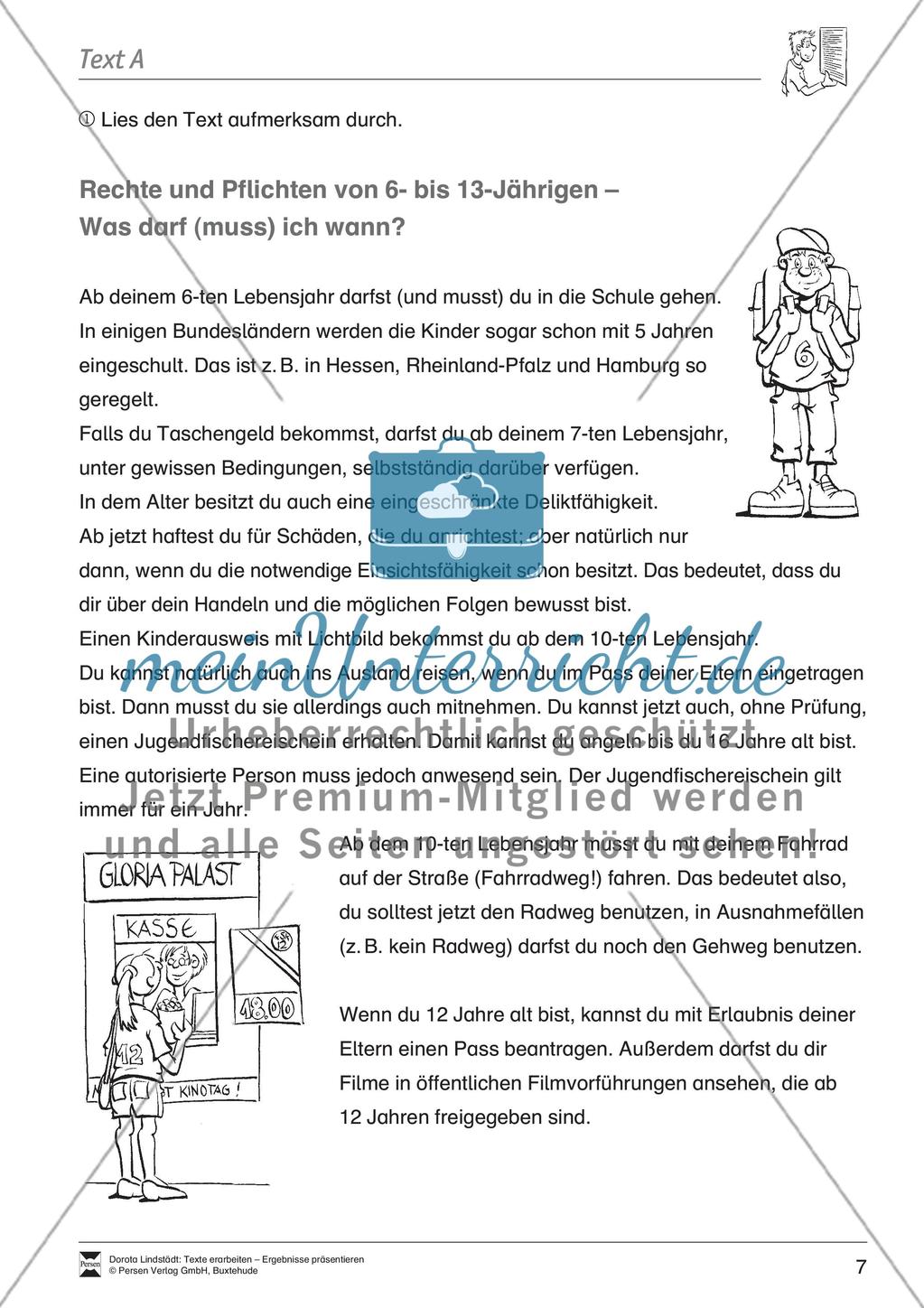 Textarbeit: Rechte und Pflichten von 6- bis 13-jährigen: Text, Arbeitsblätter, Fragen zum Text Preview 2