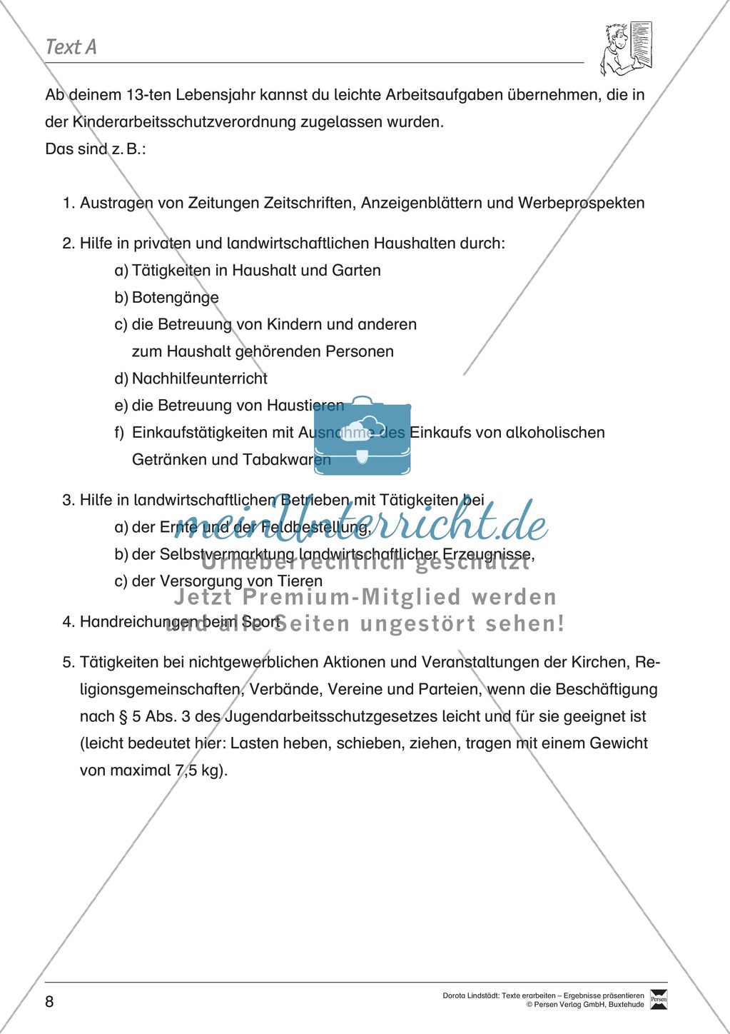 Textarbeit: Rechte und Pflichten von 6- bis 13-jährigen: Text, Arbeitsblätter, Fragen zum Text Preview 2
