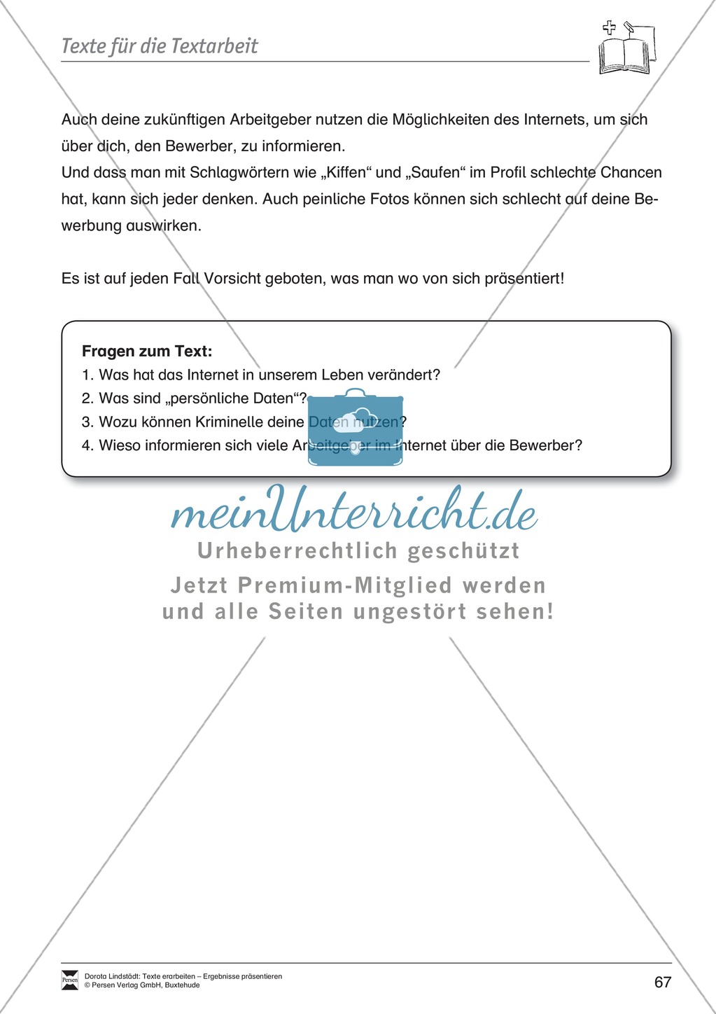 Textbeispiele für die Textarbeit mit Fragen Preview 4
