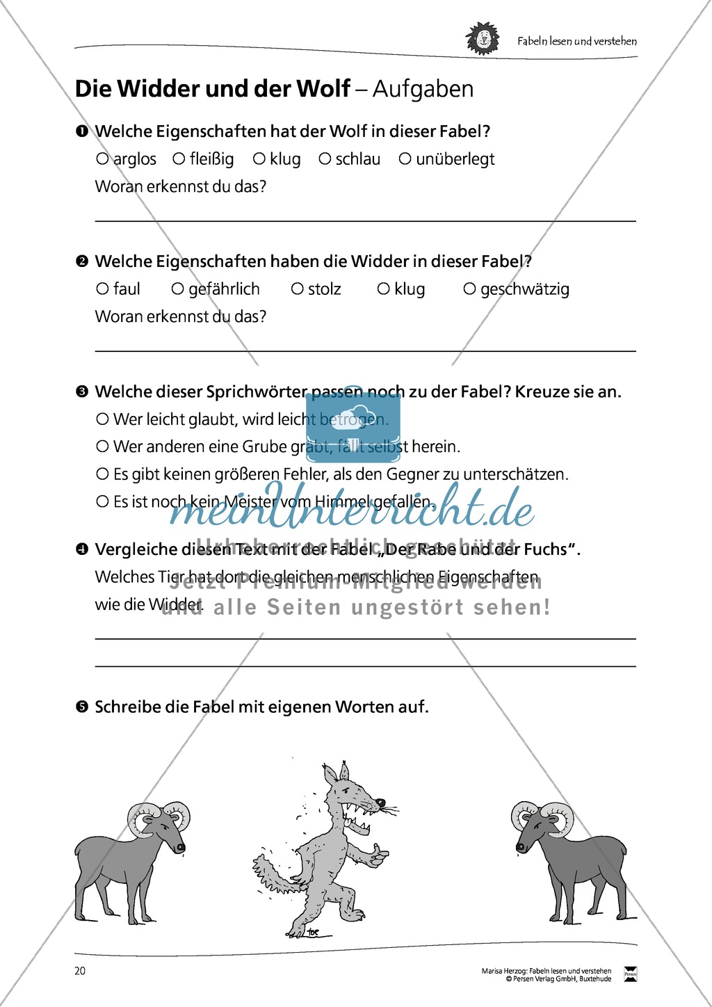 Fabel "Die Widder und der Wolf": Text + Übungen Preview 2