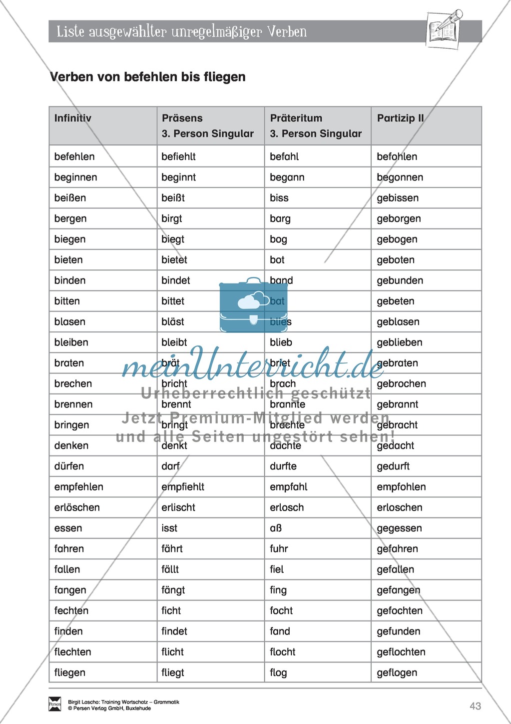 Deutsch als Zweitsprache (DaZ) - Grundfertigkeiten Grammatik: "Liste unregelmäßiger Verben" Preview 2