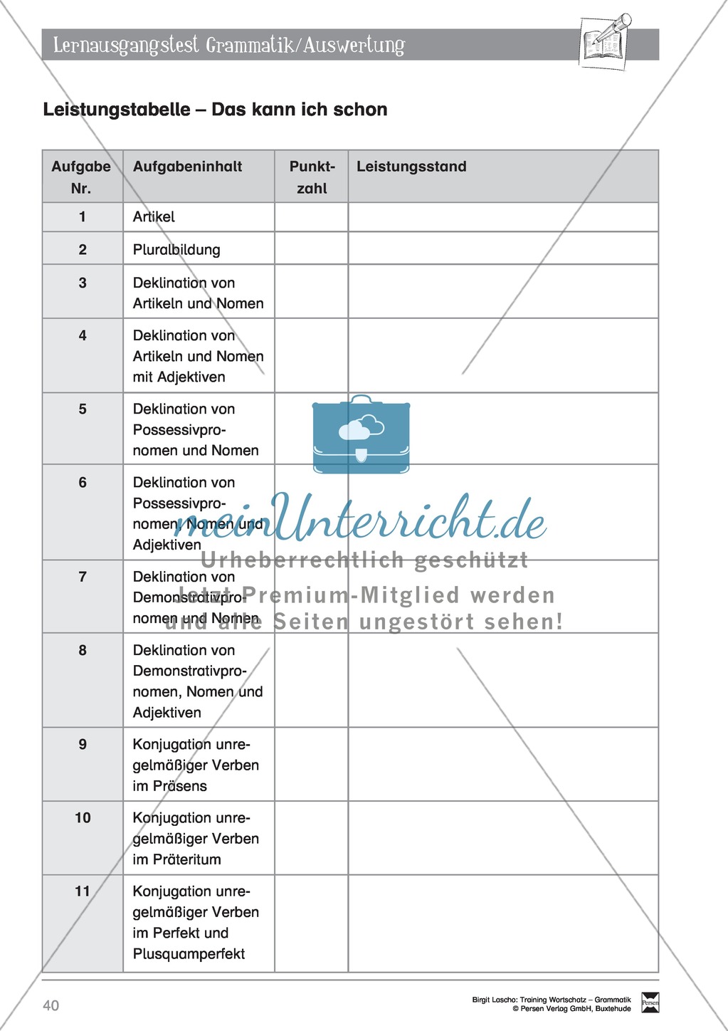Deutsch als Zweitsprache (DaZ) - Grundfertigkeiten Grammatik: "Lerausgangstest" + Kontrolle + Selbsteinschätzung Preview 6