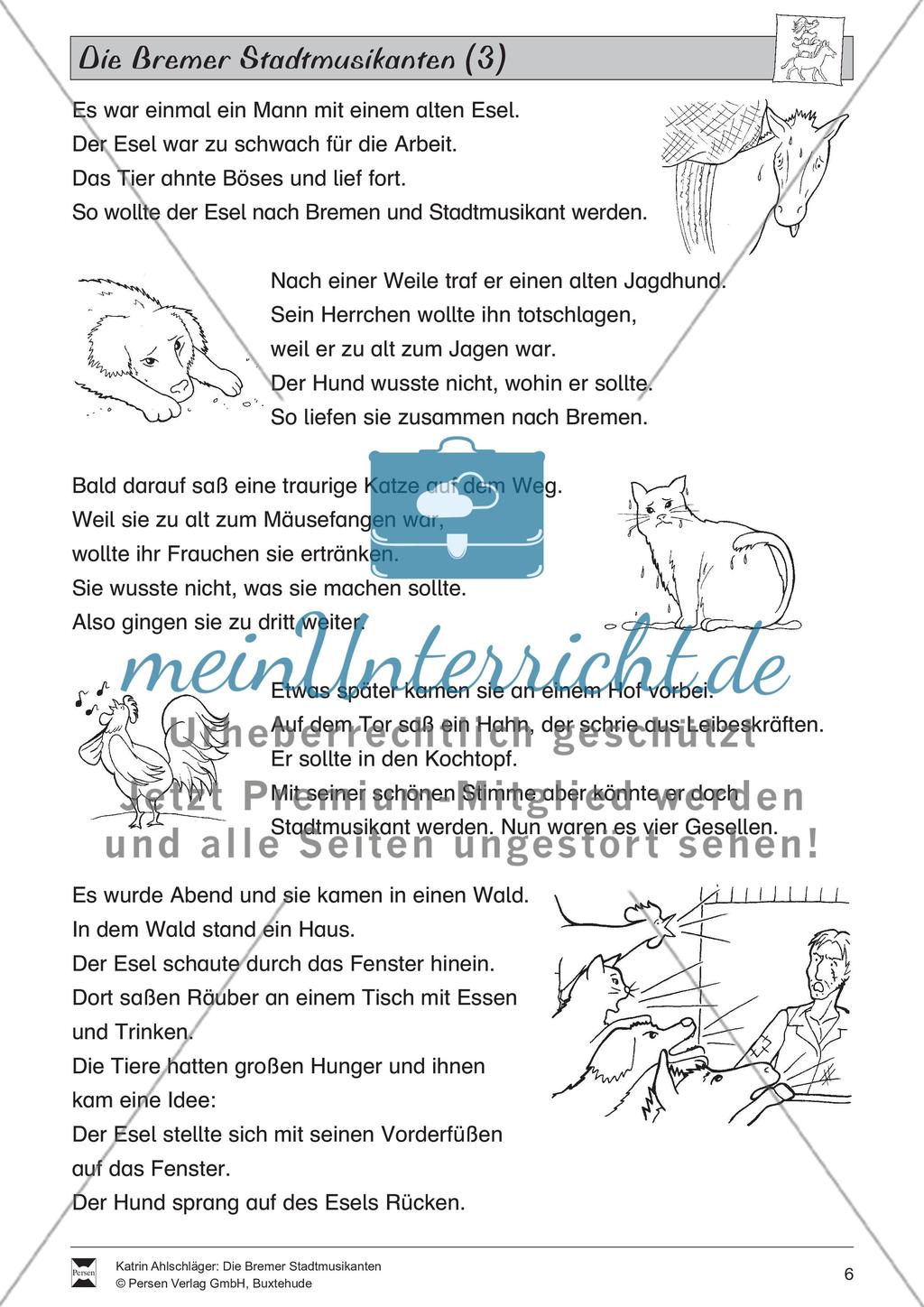 Die Bremer Stadtmusikanten: Text (schwer) und Aufgaben Preview 1