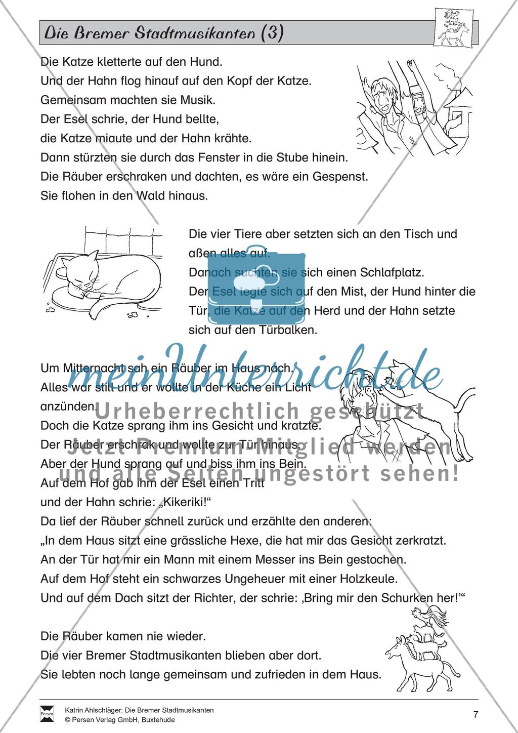 Die Bremer Stadtmusikanten: Text (schwer) und Aufgaben Preview 2