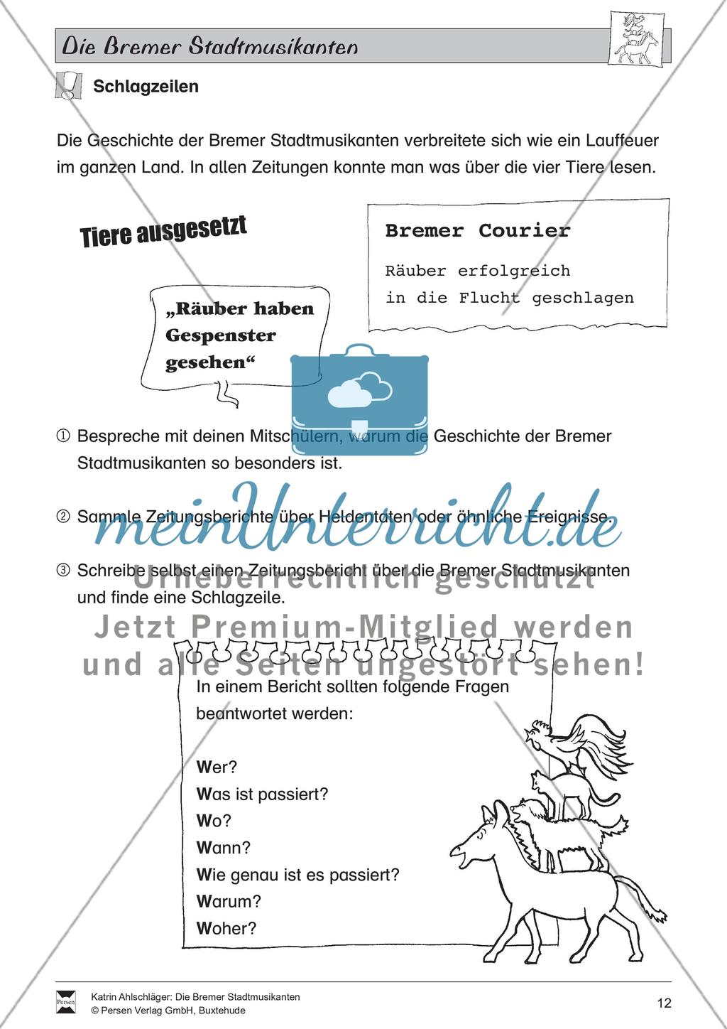 Die Bremer Stadtmusikanten: Text (schwer) und Aufgaben Preview 7